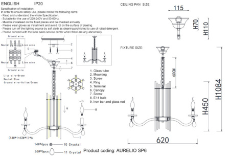 Люстры подвесные — Подвесная люстра Crystal Lux AURELIO SP6 GOLD+CHROME/TRANSPARENT купить в 