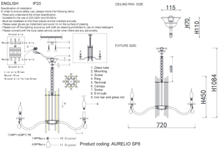 Люстры подвесные — Подвесная люстра Crystal Lux AURELIO SP8 GOLD+CHROME/TRANSPARENT купить в 