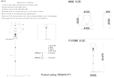 Торшеры и напольные светильники — Торшер Crystal Lux RENATA PT1 GOLD купить в 