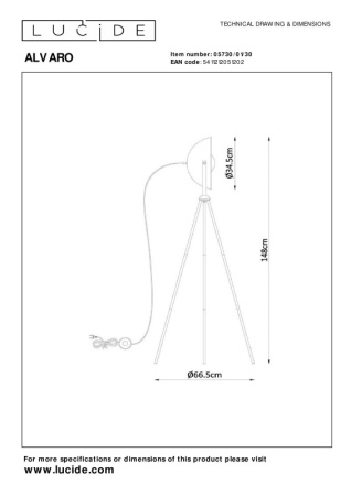 Торшеры и напольные светильники — Торшер LUCIDE 05730/01/30 купить в 