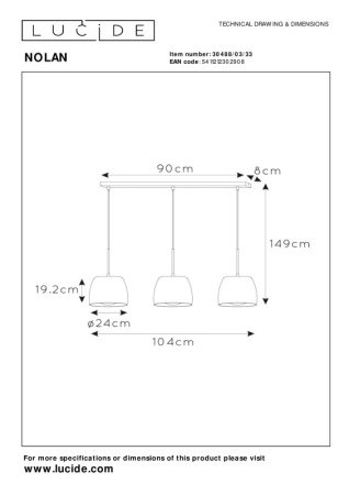 Подвесные светильники — Подвесной светильник LUCIDE 30488/03/33 купить в 